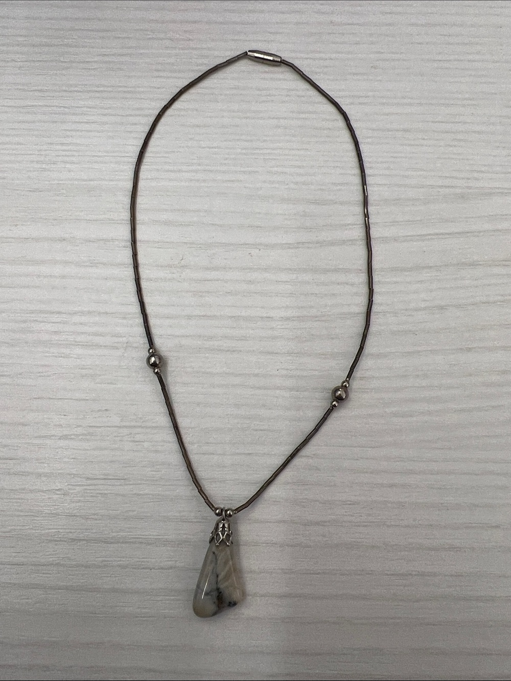 Delicate Gray Bead Necklace with Teardrop Pendant - Picture 6 of 8